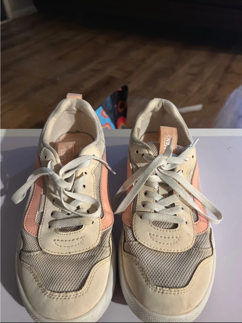 Vans Women's Cream and Pink Lace-Up Sneakers